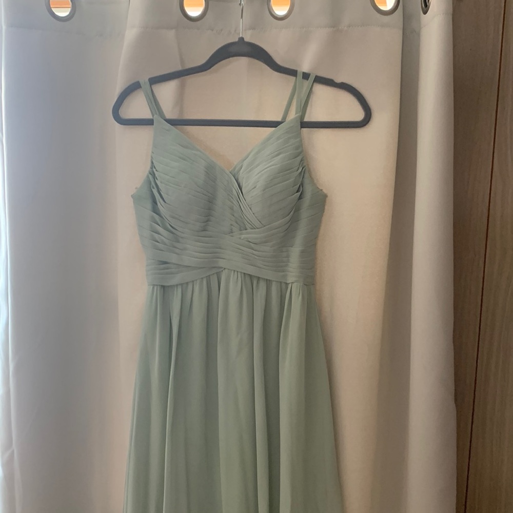 Azazie size A2, sage dress hemmed to fit 5’1-5’3, straps shortened